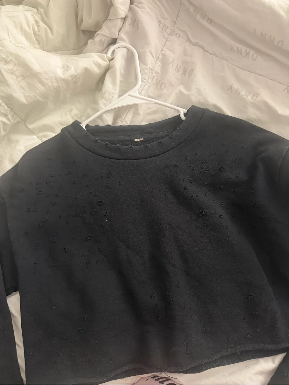ALO Yoga Black Cropped Distressed Crewneck Sweatshirt